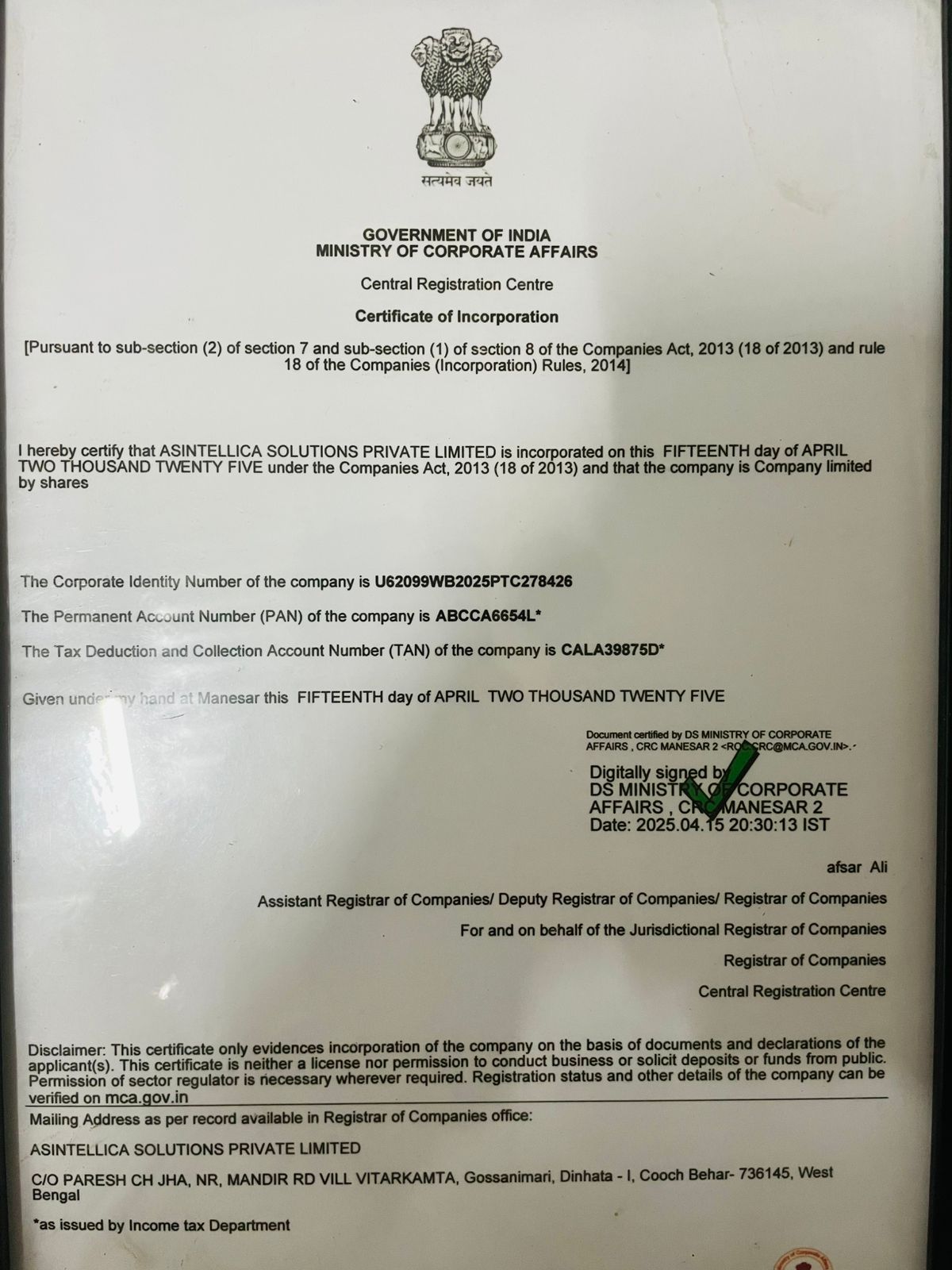 Incorporated as Pvt Ltd